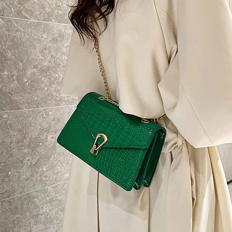 Crocodile Chain Crossbody Bag for Women – Square PU Leather Purse