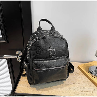 Rivet Cross Leather Backpack Large Capacity Commuter Bag