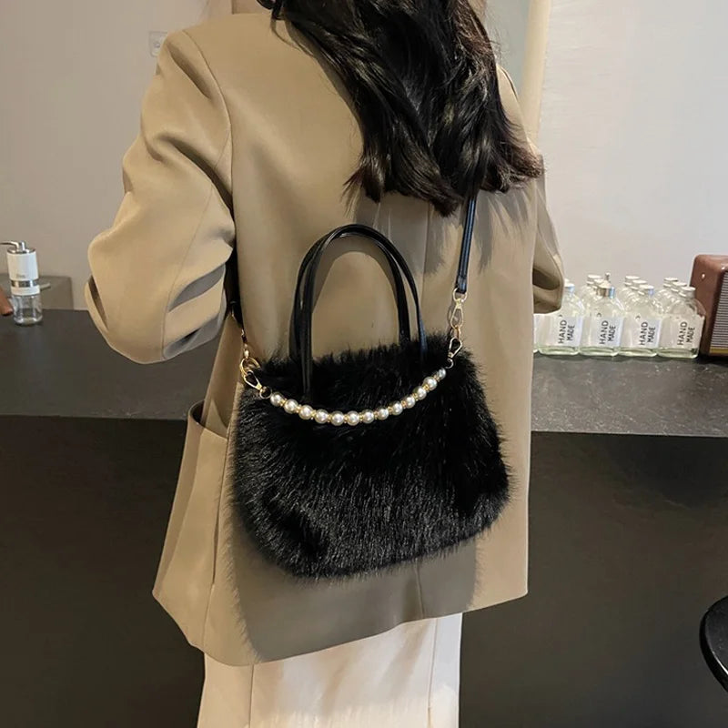 Fluffy Plush Crossbody Bag with Pearl Chain Handle