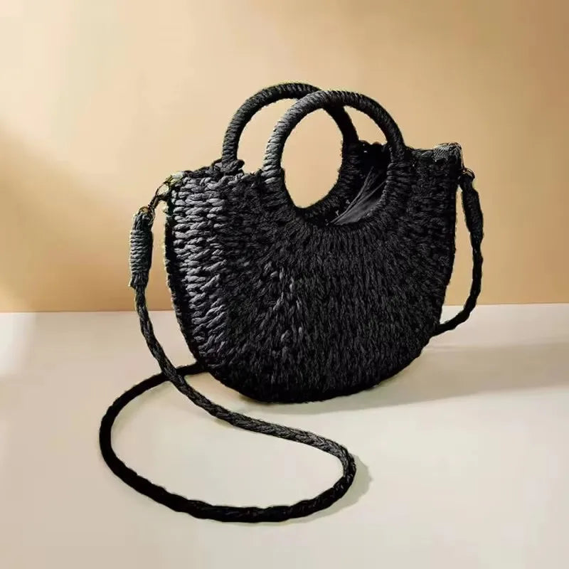Woven Straw Handbag - Women's Half Moon Rattan Shoulder Bag