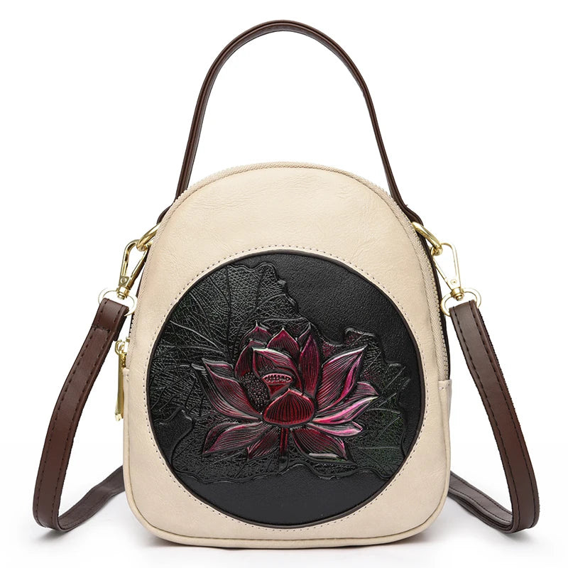 Lotus Embossed Leather Crossbody Bag – Mini Vintage Shoulder Bag