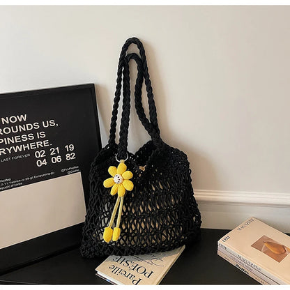 Straw Woven Hollow-Out Shoulder Bag with Flower Charm