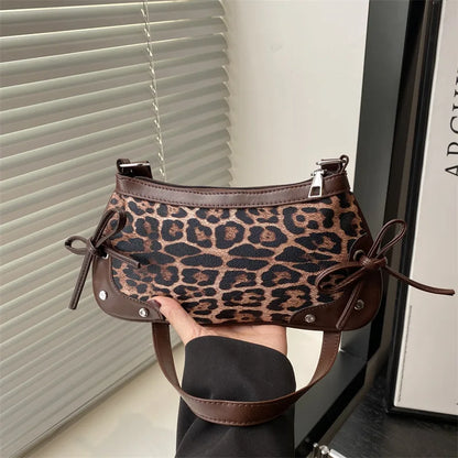 Leopard Print Bow Shoulder Bag – Retro Underarm Handbag for Women