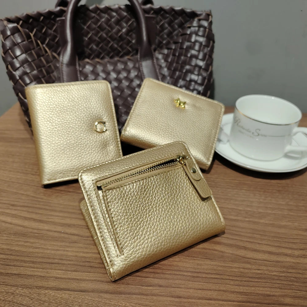 Gold Genuine Leather Women's Short Wallet with Animal Button Clasp