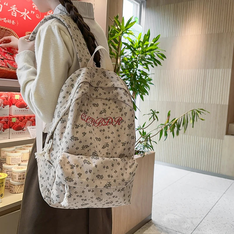 Floral Corduroy Backpack for Women – Cute Embroidery School Bag