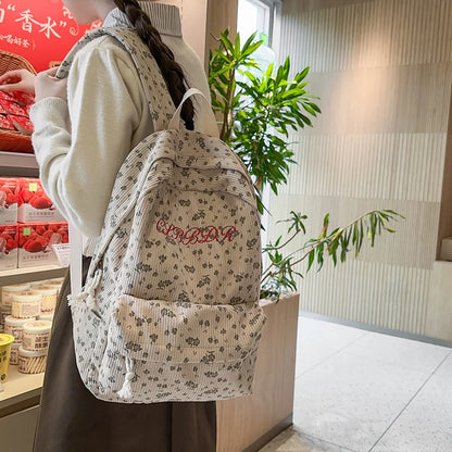 Floral Corduroy Backpack for Women – Cute Embroidery School Bag