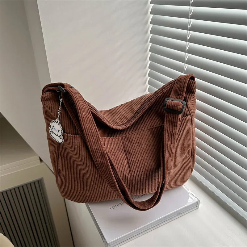 Corduroy Shoulder Tote Bag – Women's Striped Large Capacity