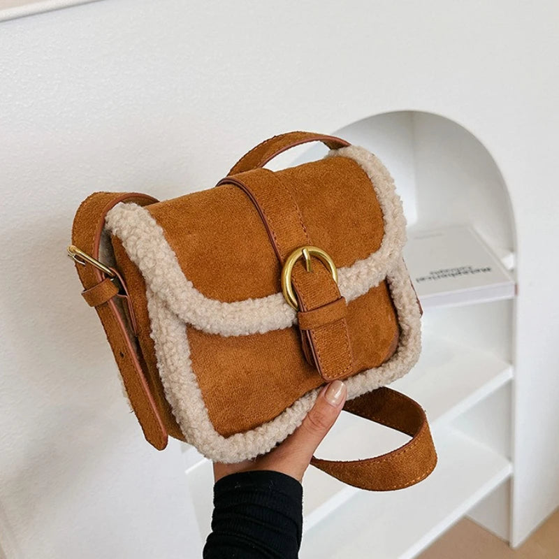 Suede Sherpa Crossbody Bag – Women's Plush Saddle Handbag