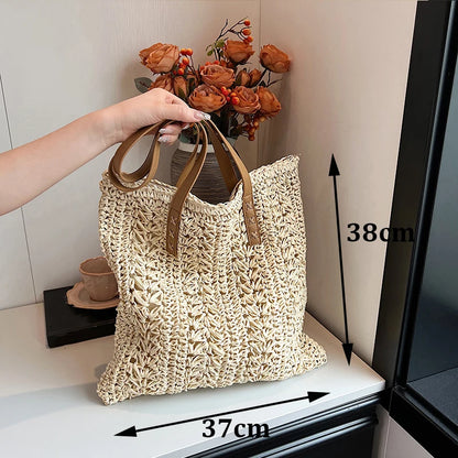 Handmade Straw Woven Round Beach Tote Bag