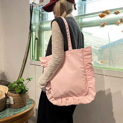 Ruffled Nylon Tote Bag for Women Large Capacity Shoulder Bag