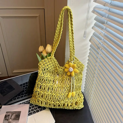 Straw Woven Hollow-Out Shoulder Bag with Flower Charm