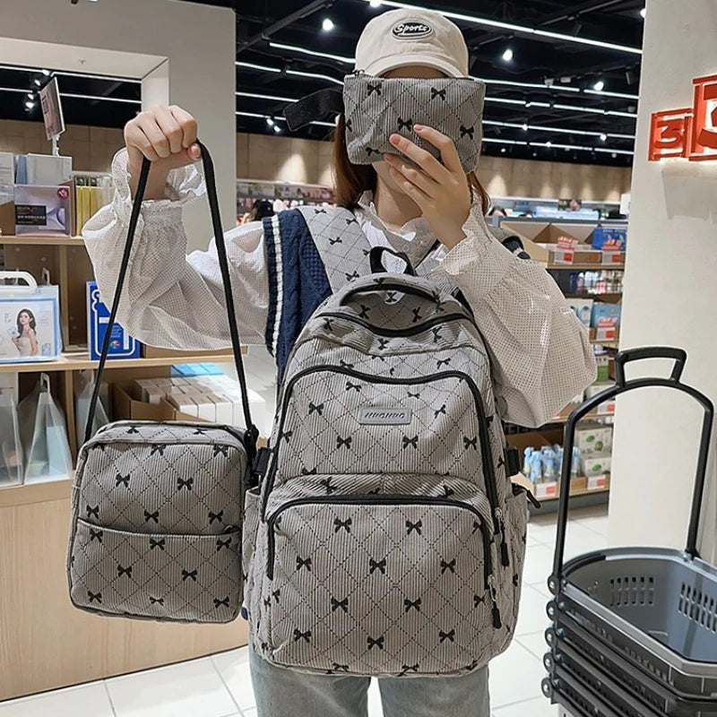 Bow Print Backpack Set – Large Capacity 3-Piece Women's Bag