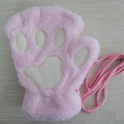Winter Gloves Women Bear Plush Cat Paw Claw Cute Kitten Fingerless Mittens Christmas Halloween Girls
