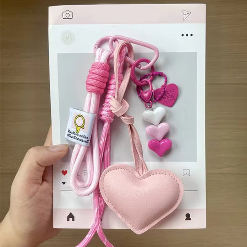 Heart Leather Keychain Bag Charm with Braided Rope & Heart Beads