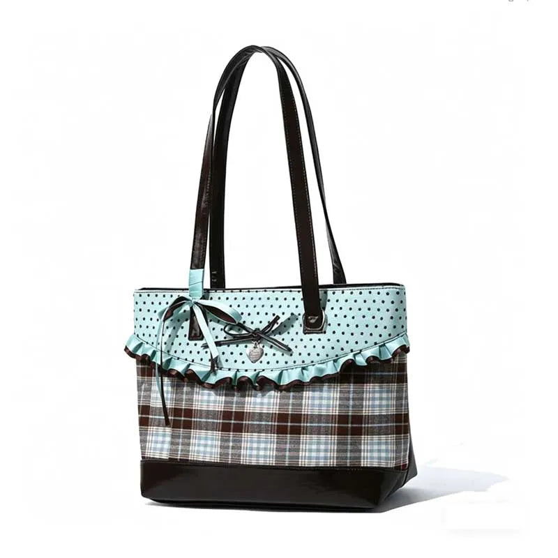 Mint Green Patchwork Bow Handbag – Plaid Canvas Tote Bag