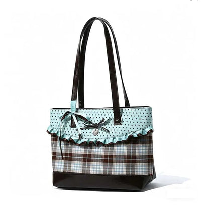 Mint Green Patchwork Bow Handbag – Plaid Canvas Tote Bag