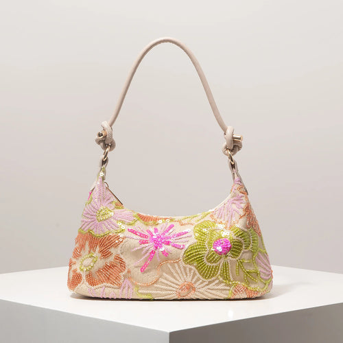 Sequin Floral Embroidery Shoulder Bag for Women