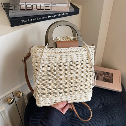 Women's Handmade Woven Straw Beach Tote Bag with Wooden Handle