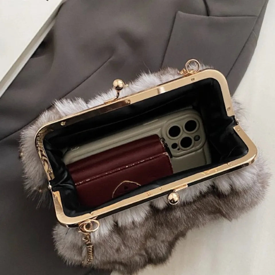 Women's Fluffy Faux Fur Crossbody Bag – Gold Frame Pearl Chain Handbag