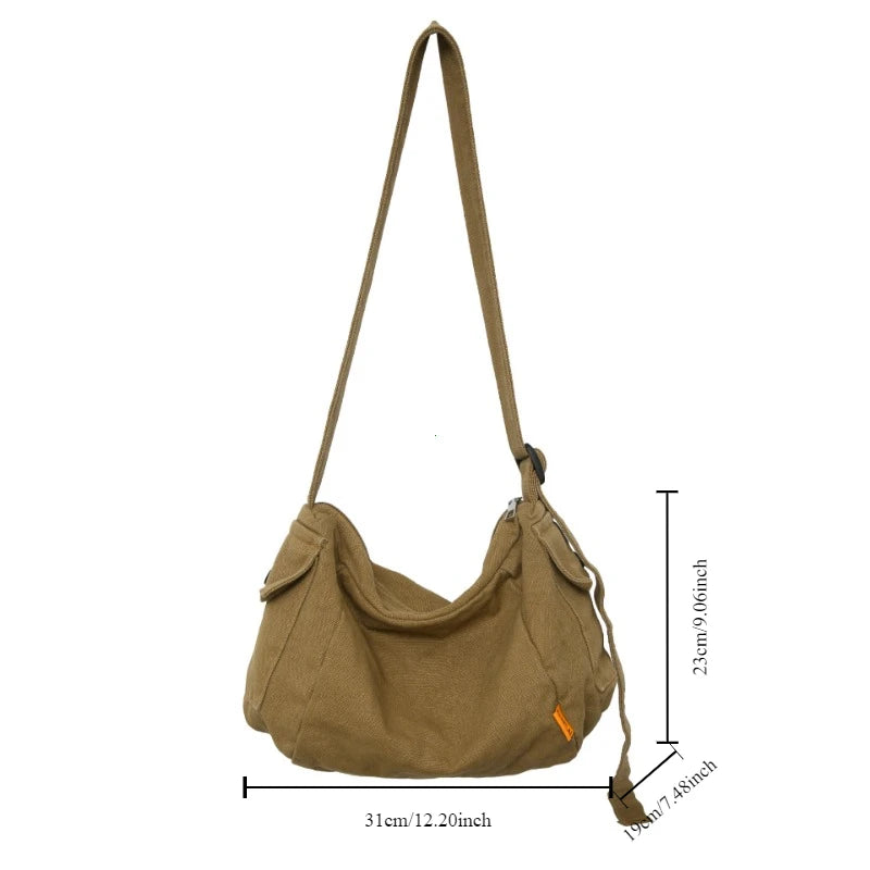 Female Canvas Fabric Hobo Soft Slouchy Shoulder Bag Y2k Student Leisure Medium Size School Book