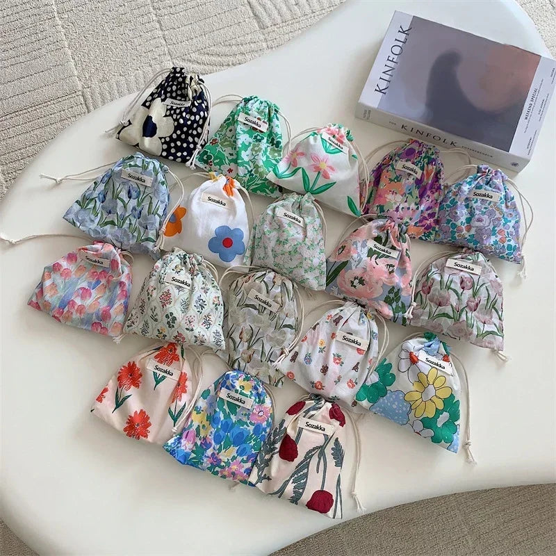 Kawaii Floral Drawstring Pouch – Cute Cosmetic & Coin Purse Bag