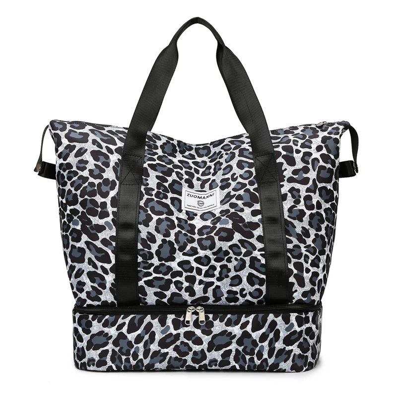 Leopard Print Travel Tote Bag with Bottom Compartment