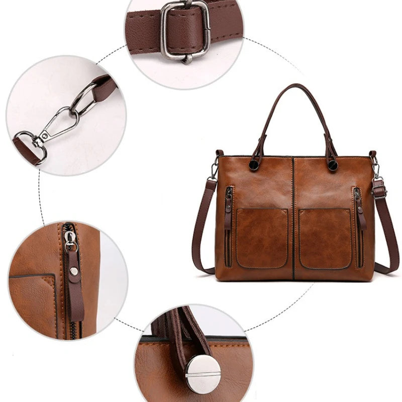 Women's Retro PU Leather Tote Handbag – Large Crossbody Shoulder Purse