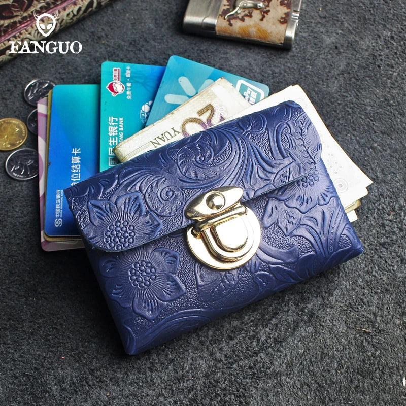 Genuine Leather Card Holder Wallet with Floral Embossing & Twist Lock