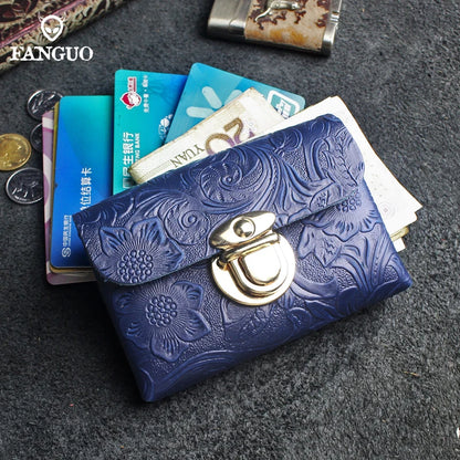Genuine Leather Card Holder Wallet with Floral Embossing & Twist Lock