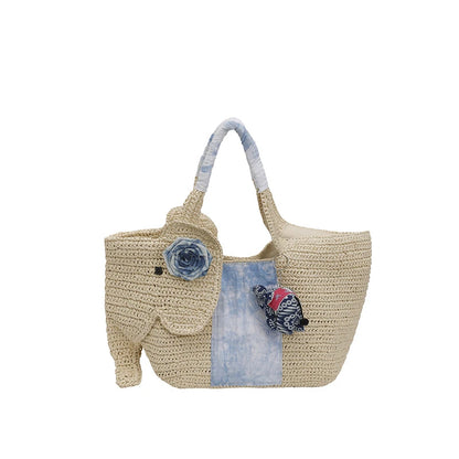 Elephant Woven Straw Tote Bag – Women's Handcrafted Summer Shoulder Bag