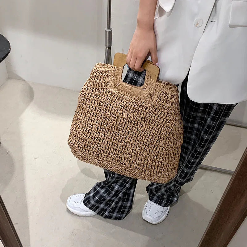 Woven Straw Tote Bag – Wooden Handle Beach & Travel Handbag