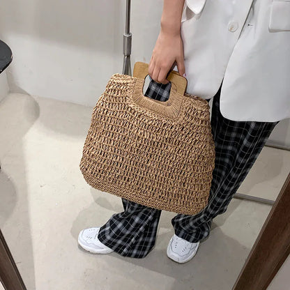 Woven Straw Tote Bag – Wooden Handle Beach & Travel Handbag
