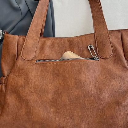 Large Capacity Leather Shoulder Bag with Zipper Pockets