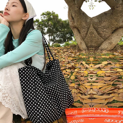 Polka Dot Canvas Tote Bag – Retro Large Capacity Shoulder Bag
