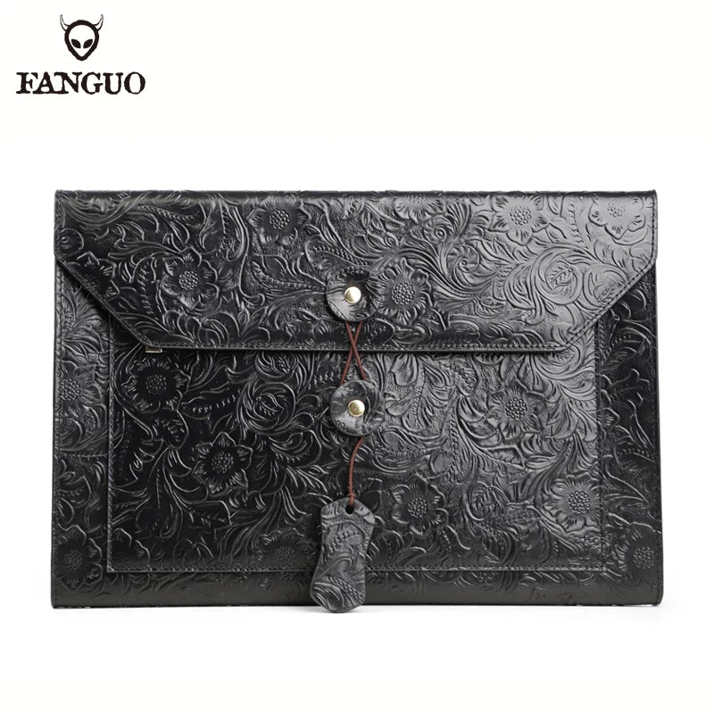 Genuine Leather A4 Document Bag – Men's Embossed Briefcase Portfolio Clutch for iPad