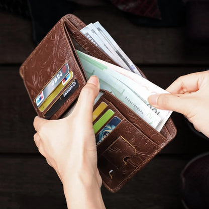Genuine Leather RFID Blocking Wallet – Floral Embossed Bifold with Card Windows
