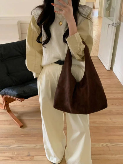 Vintage Faux Suede Hobos Women Shoulder Bags Large Capacity Tote Bag Retro Trend Autumn Big Shopper