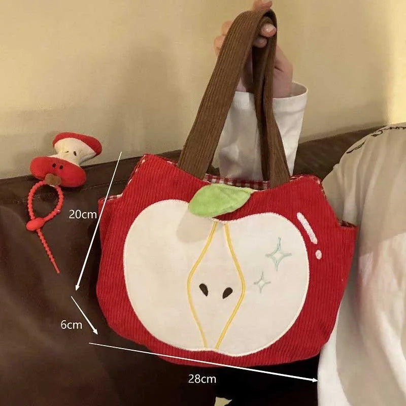 Cute Apple Corduroy Shoulder Bag – Creative Canvas Tote for Women