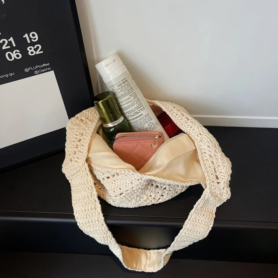 Crochet Hobo Shoulder Bag – Large Hollow-Out Woven Beach Bag