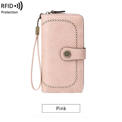 RFID Blocking Women's Trifold Long Wallet – Large Capacity Retro Leather Clutch