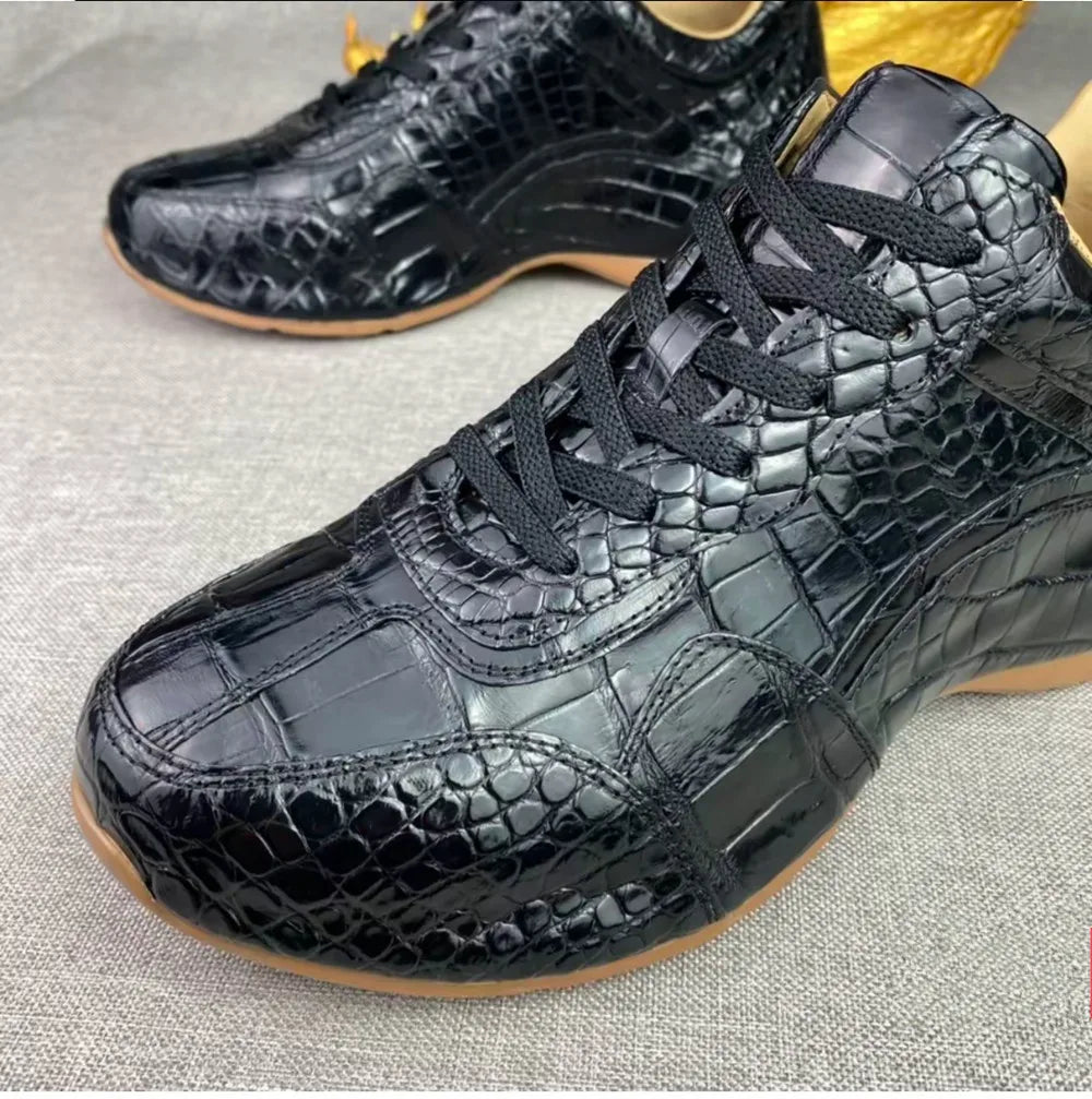 Crocodile Leather Men's Thick-Sole Sneakers – Genuine Lace-Up Casual Shoes