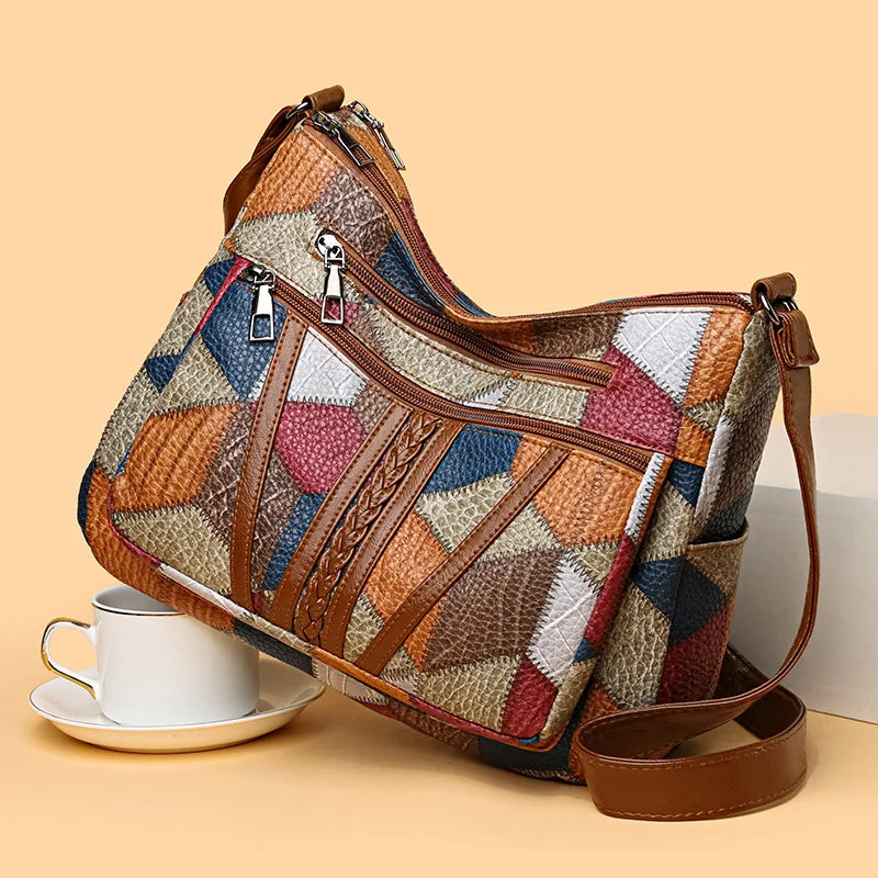 Patchwork Leather Shoulder Bag – Large Capacity Vintage Hobo Handbag