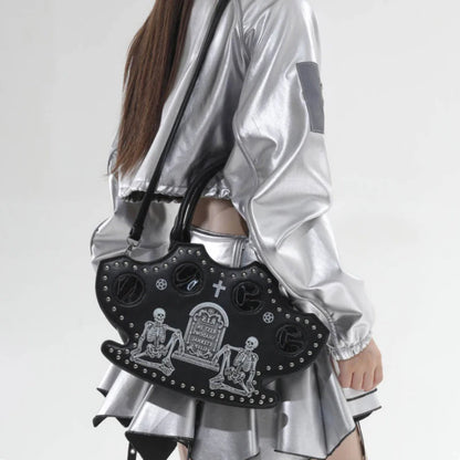 Gothic Skull Shoulder Bag – Y2K Rivet Halloween Handbag