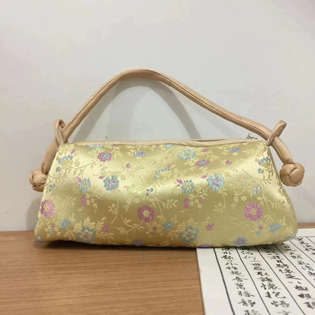 Silk Embroidered Shoulder Bag – Floral Satin Handbag