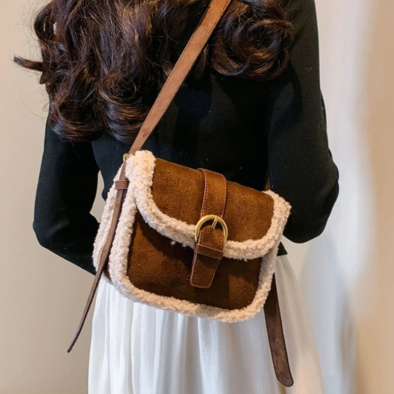 Suede Sherpa Crossbody Bag – Women's Plush Saddle Handbag