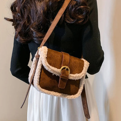 Suede Sherpa Crossbody Bag – Women's Plush Saddle Handbag