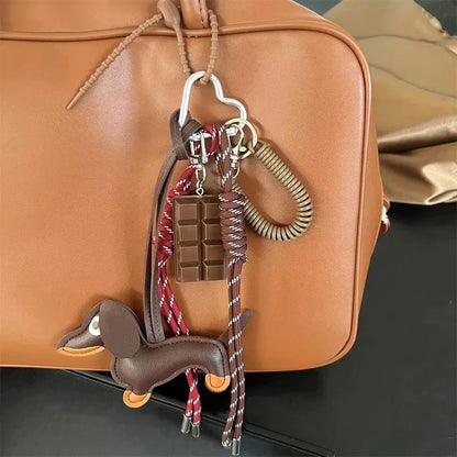 Dachshund Keychain Leather Dog Bag Charm with Braided Rope