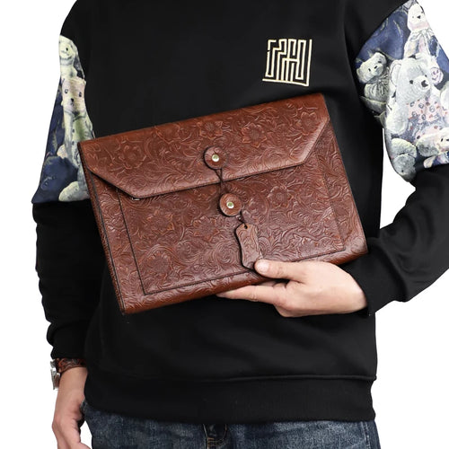 Genuine Leather A4 Document Bag – Men's Embossed Briefcase Portfolio Clutch for iPad