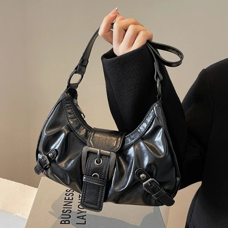 Y2K Pleated Hobo Shoulder Bag – Retro Buckle Underarm Clutch for Women