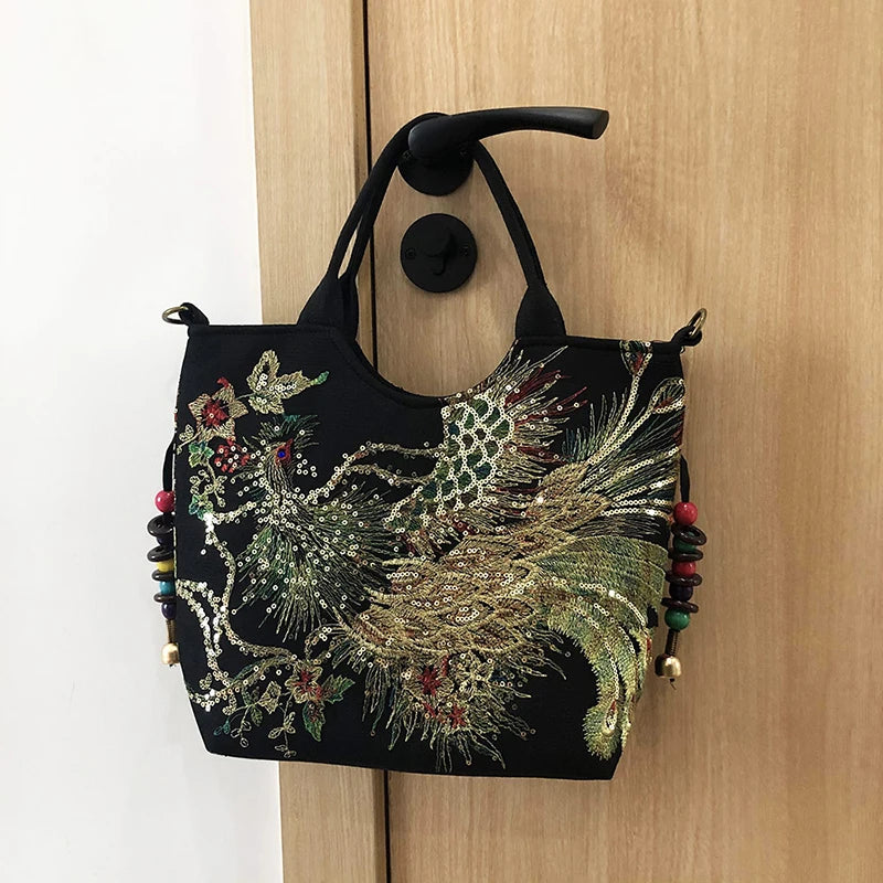 Peacock Embroidered Shoulder Bag for Women – Sequin Tote